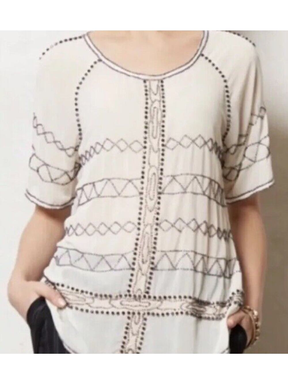 Anthropologie Bohemian Beaded Tunic Size 12 Ivory Femme Ethereal